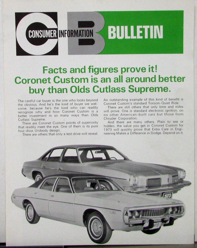 1973 CIB Dodge Coronet Custom Vs Olds Cutlass Supreme Sales Folder Original
