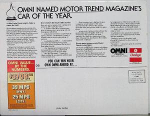 1978 Dodge Omni Color Sales Brochure MAILER Original