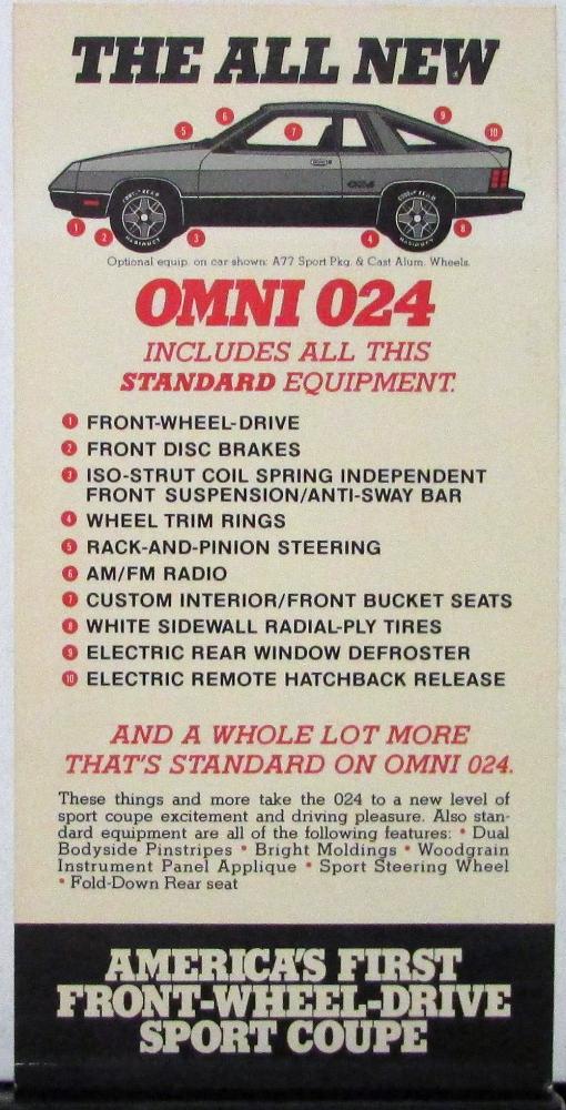 1980 Dodge Omni 024 Sport Coupe Sales Card Original
