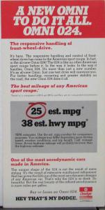 1980 Dodge Omni 024 Sport Coupe Sales Card Original