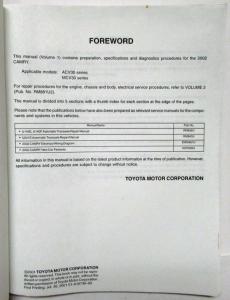 2002 Toyota Camry Service Shop Repair Manual Set Vol 1 & 2