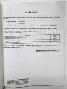 2002 Toyota Camry Service Shop Repair Manual Set Vol 1 & 2