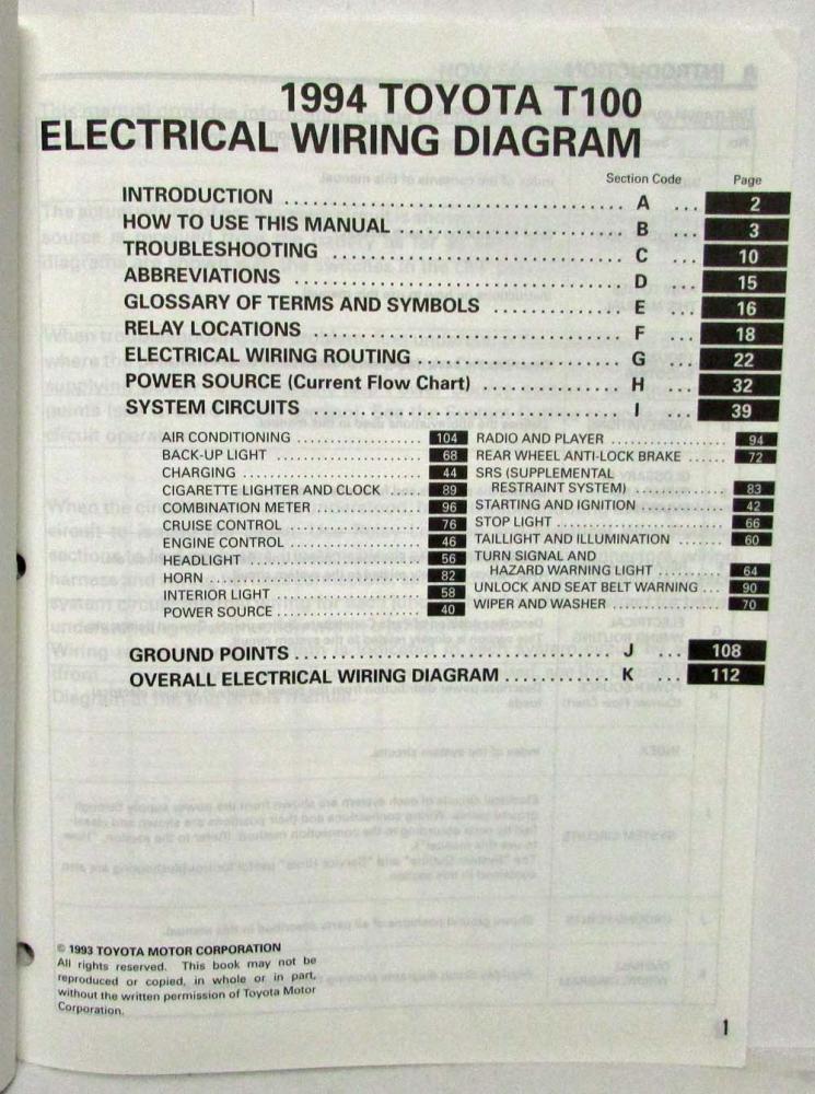Toyota T100 Electrical Wiring Diagram Manual Model Supplement Toyota T100 Electrical Wiring Diagram Manual Model Supplement