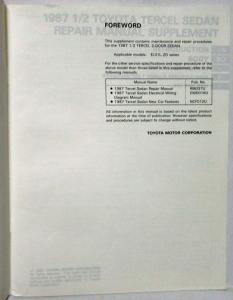 1987 1/2 Toyota Tercel Sedan Service Shop Repair Manual Supplement w Correction