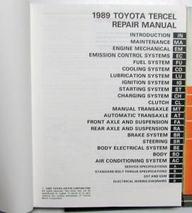 1989 Toyota Tercel Service Shop Repair Manual plus Electrical Wiring Diagram