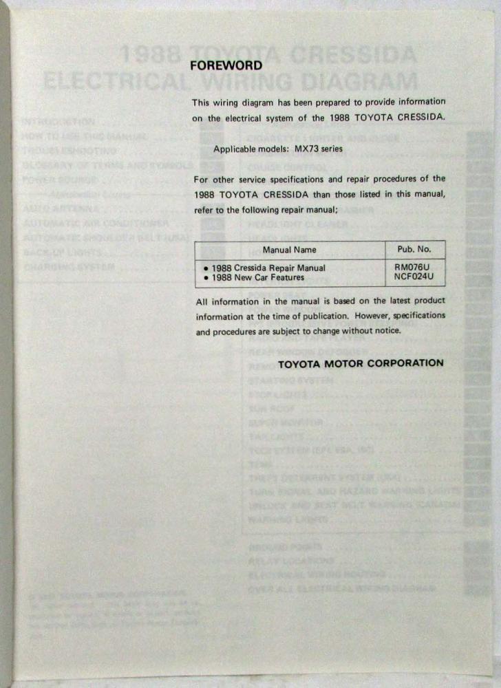 1988 Toyota Cressida Electrical Wiring Diagram Manual US & CA