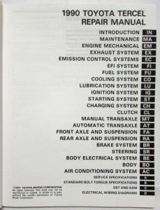 1990 Toyota Tercel Service Shop Repair Manual US & Canada