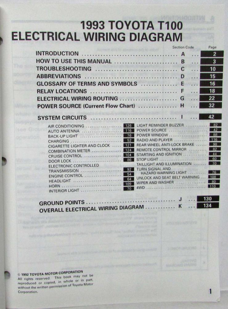 1993 Toyota T100 Electrical Wiring Diagram Manual US & Canada