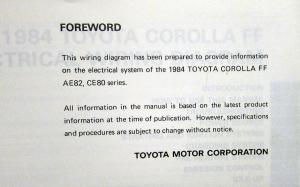 1984 Toyota Corolla FF Shop Repair Electrical Wiring Diagram Manual Original