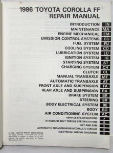 1986 Toyota Corolla FF Shop Repair Manual & Electrical Wiring Diagram Manual