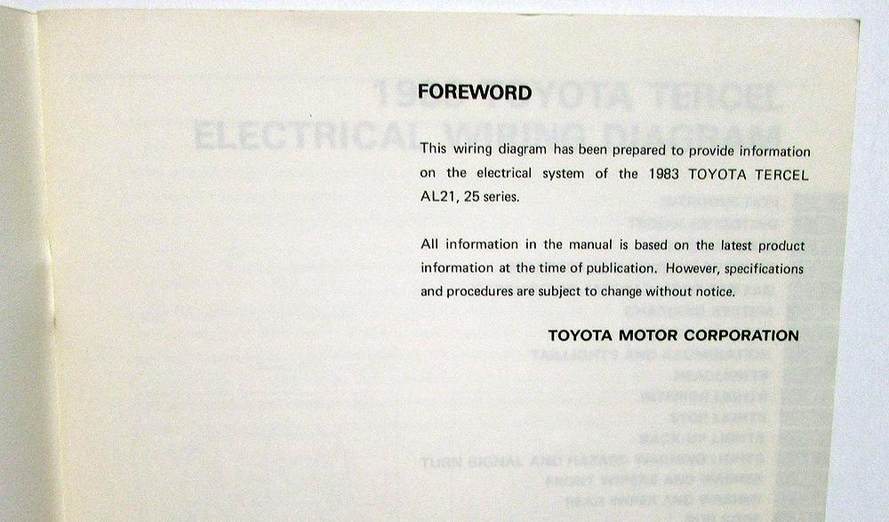 1983 Toyota Tercel Electrical Wiring Diagram Service Shop Manual Repair