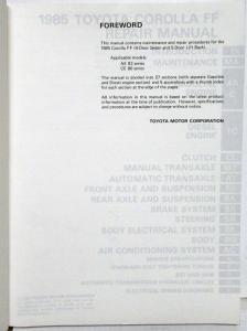 1985 Toyota Corolla FF Shop Service Repair Manual