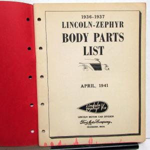 1936-1937 Lincoln Zephyr Body Parts List Book Catalog Sedan Limo Coupe V12 Orig