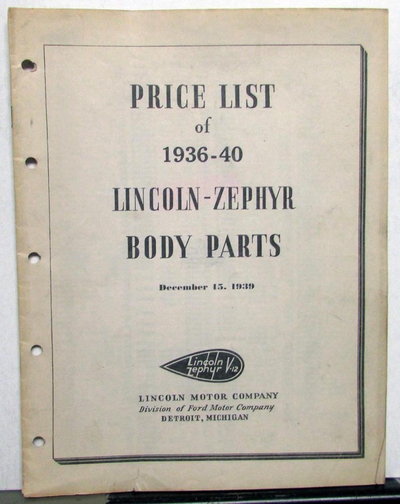 1936-1940 Lincoln Zephyr Dealer Body Parts Price List Book Sedan Coupe V12