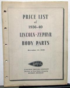 1936-1940 Lincoln Zephyr Dealer Body Parts Price List Book Sedan Coupe V12