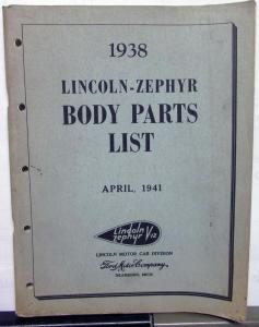 1938 Lincoln Zephyr Dealer Body Parts List Book Catalog Sedan Limo Coupe V12