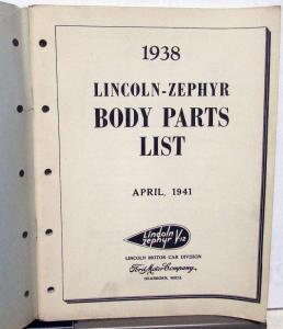 1938 Lincoln Zephyr Dealer Body Parts List Book Catalog Sedan Limo Coupe V12