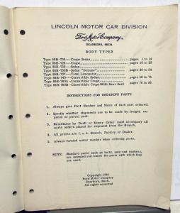 1938 Lincoln Zephyr Dealer Body Parts List Book Catalog Sedan Limo Coupe V12