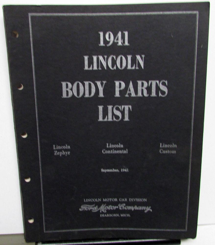 1941 Lincoln Dealer Body Parts List Book Catalog Zephyr Continental