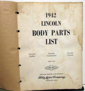 1942 Lincoln Dealer Body Parts List Book Catalog Zephyr Continental Custom Orig