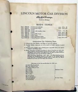 1942 Lincoln Dealer Body Parts List Book Catalog Zephyr Continental Custom Orig