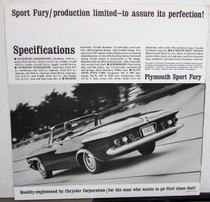 1962 Plymouth Sport Fury ORIGINAL Dealer Sales Brochure & Envelope