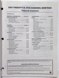 2007 Ford Freestyle Five Hundred & Mercury Montego Service Manual Set Vol 1&2