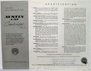 1960 Austin A55 Cambridge Mk II New Pinin Farina Styled Black & White Spec Sheet