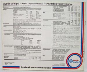 1978 Austin Allegro 1100 1300 Sales Brochure Landscape Orientation -Italian Text