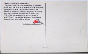 1969 Plymouth Barracuda 383 Formula S Sports Fastback Color Postcard Original