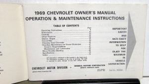1969 Chevrolet Owners Manual Original Biscayne Bel Air Impala Caprice