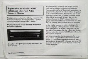 1997 GMC Truck Safari Owners Manual and Supplement Page