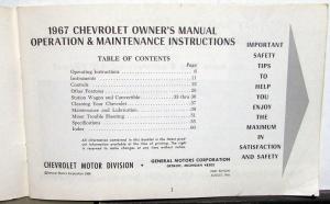 1967 Chevrolet Owners Manual Impala Caprice Super Sport Convertible Wagon Orig