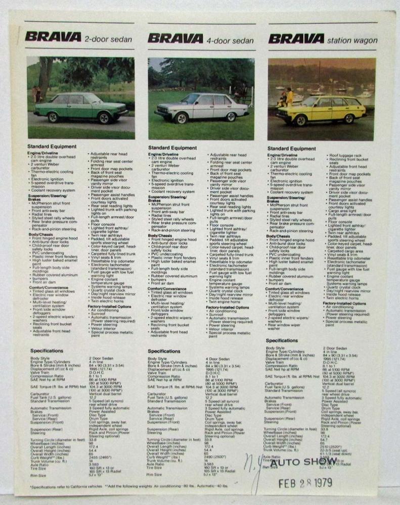 1979 Fiat Brava 128 X1/9 & Spider 2000 Spec Sheet