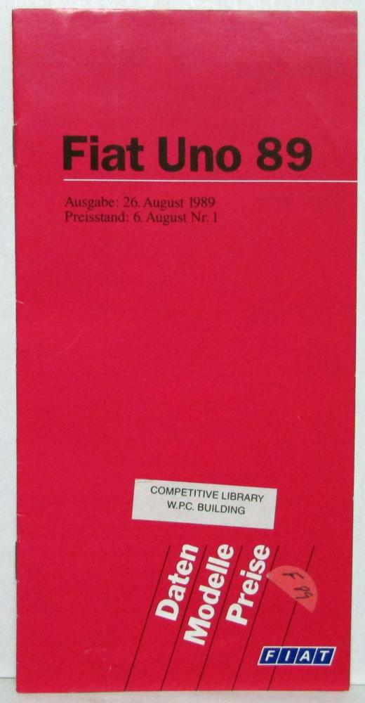 1989 Fiat Uno 89 Data Model Price Guide - German Text