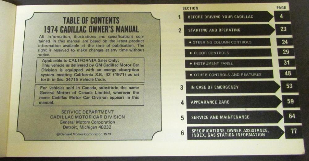 1974 Cadillac Owners Manual Calais Deville Fleetwood