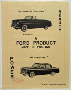 1954 Ford Zephyr Six Beauty and Power Spec Sheet - UK Specs