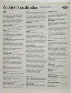 1970 Ford Zephyr Spec Sheet - UK Market