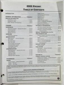 2002 Ford Escort Service Shop Repair Manual Set Vol I & II
