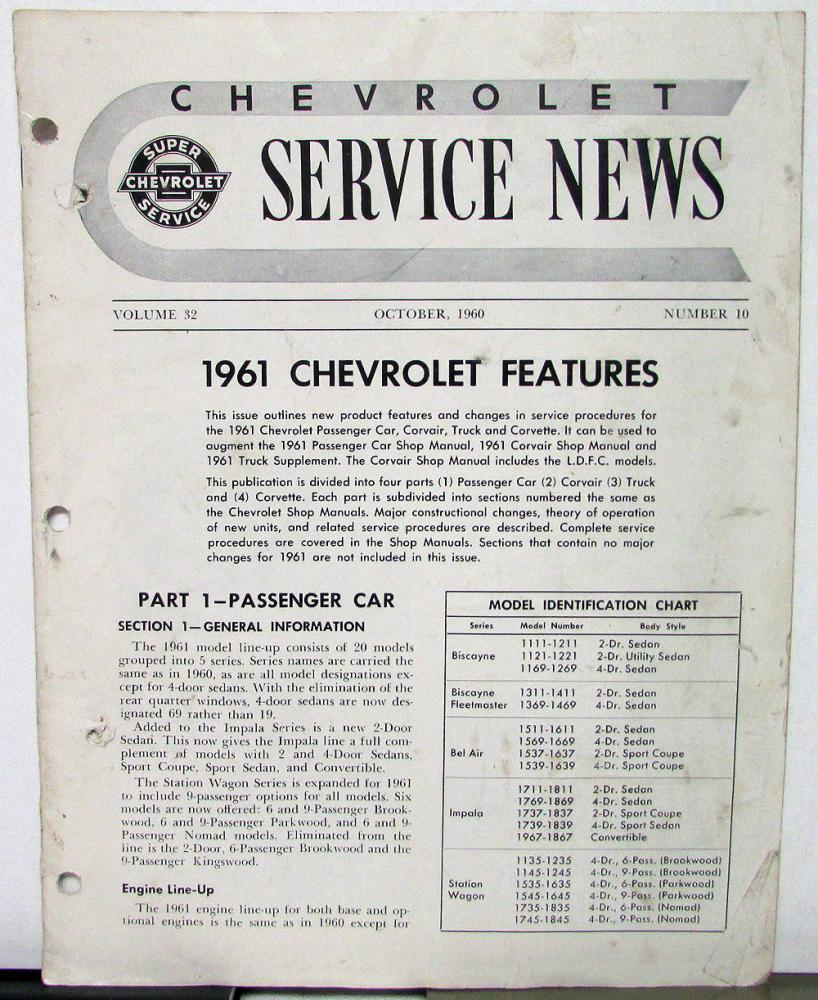 1960 Chevrolet Service News 1961 Features & Service Changes Vol 32 N 10 Tech Bul