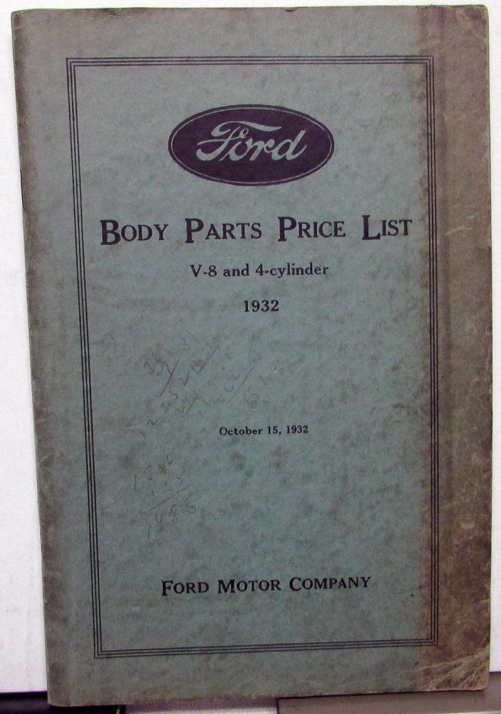 1932 Ford Dealer Body Parts Book Catalog Price List V8 & 4 Cyl Car