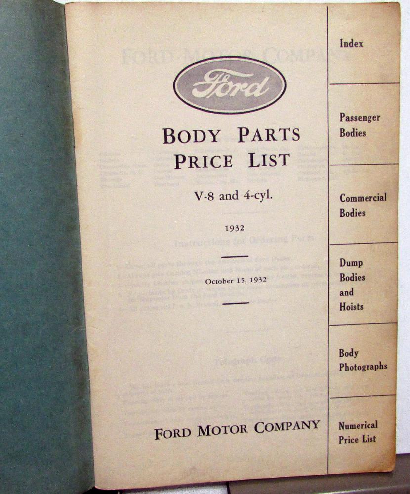 1932 Ford Dealer Body Parts Book Catalog Price List V8 & 4 Cyl Car