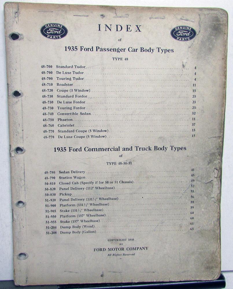 1935 Ford Dealer Body Parts List Book Catalog DeLuxe Standard Coupe Pickup Panel