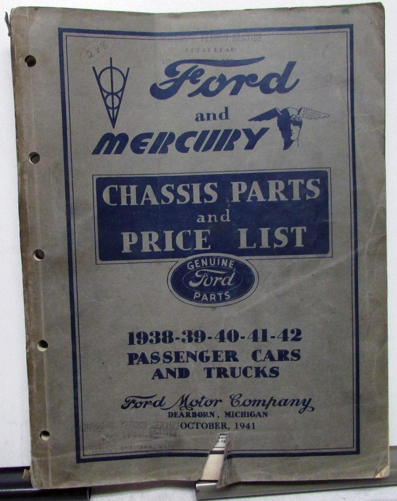 1938-1942 Ford & Mercury Dealer Chassis Parts Price List Catalog Book Car Truck