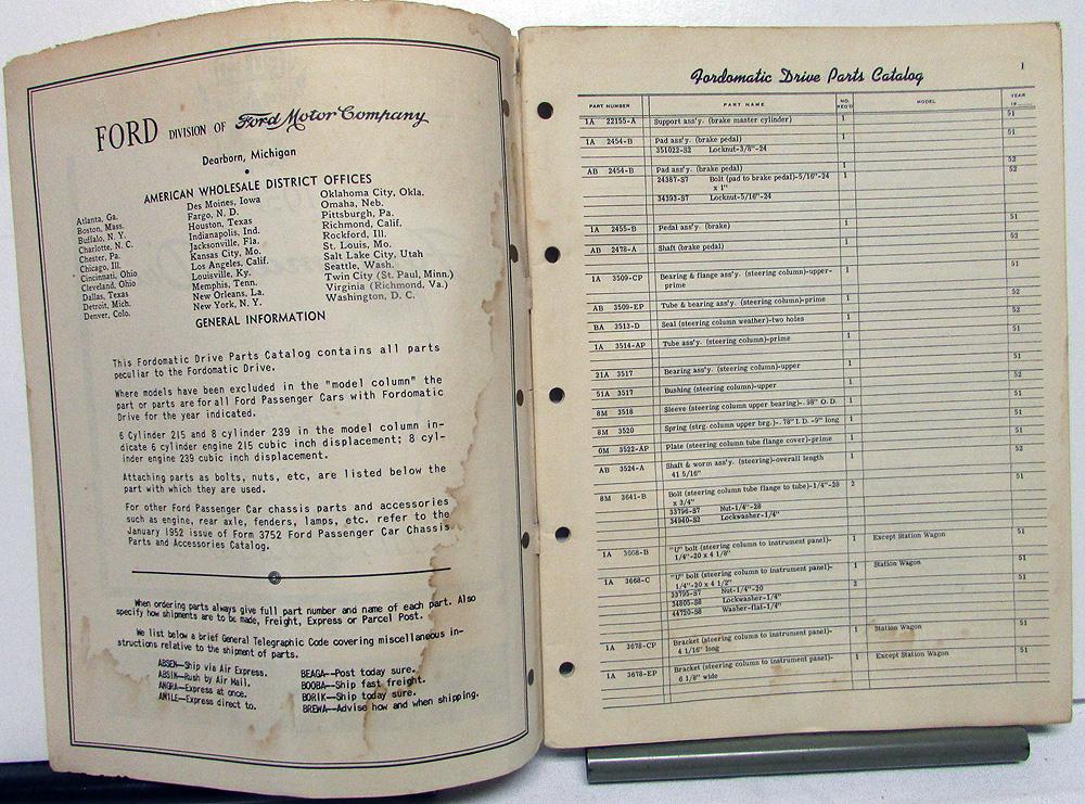 1951 1952 Ford Dealer Parts Catalog Book Fordomatic Drive Transmission