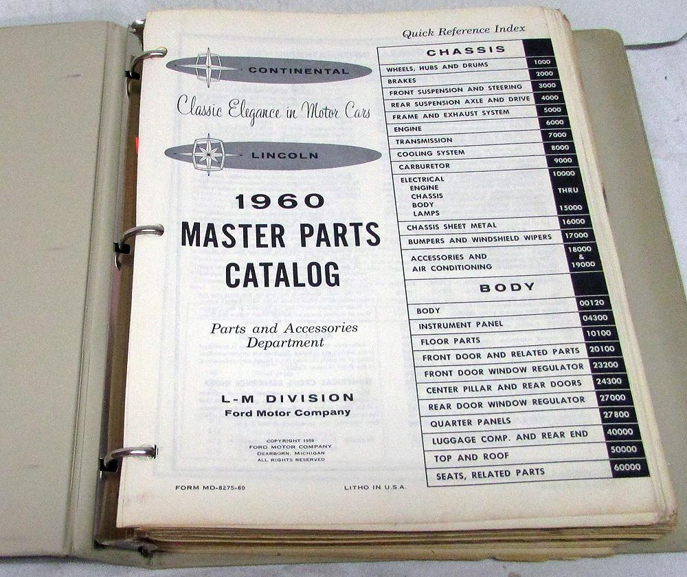 1960 Lincoln Master Chassis & Body Parts Catalog Book Continental Premiere