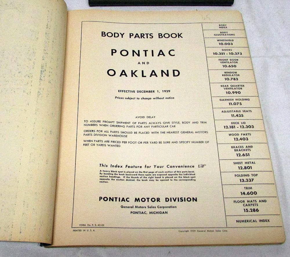 1940 & Earlier Pontiac Oakland Body Parts Book Catalog Deluxe Special