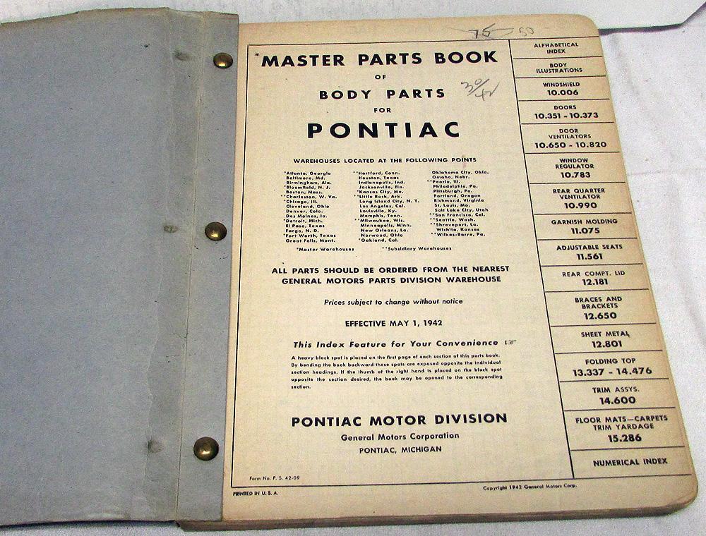 1942 & Earlier Pontiac Body Parts Book Catalog Chieftain Streamliner