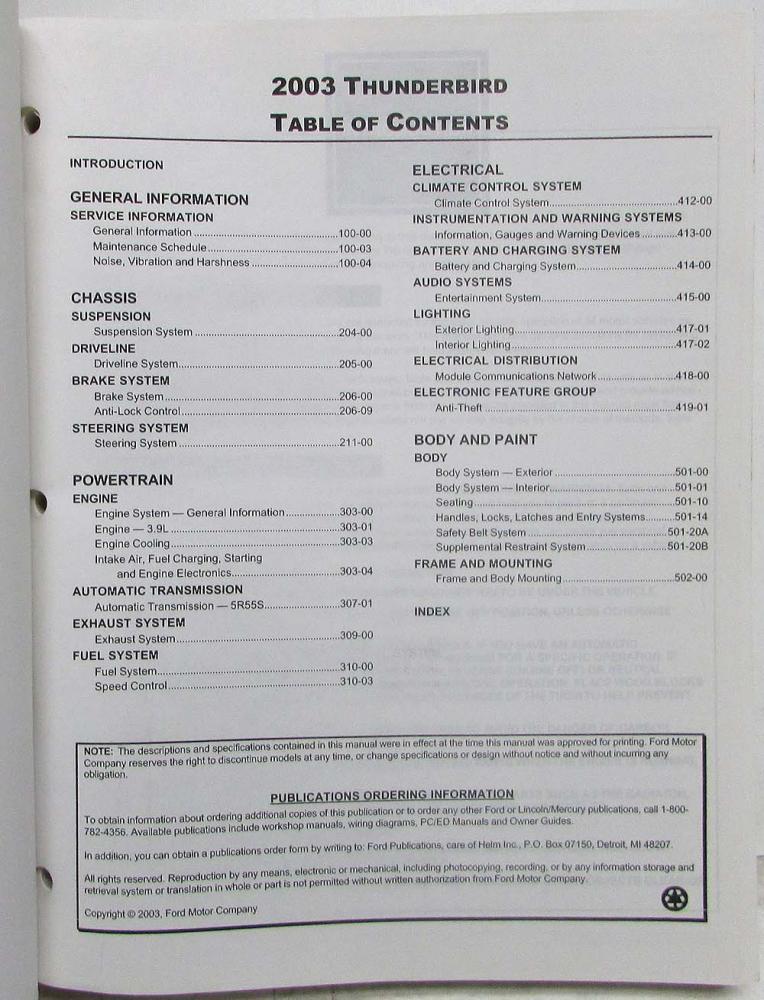 2003 Ford Thunderbird Service Shop Repair Manual
