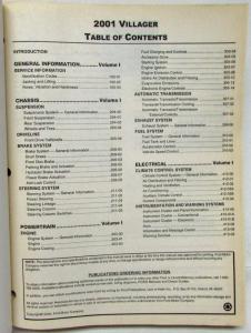 2001 Ford Motor Company Mercury Villager Service Shop Repair Manual
